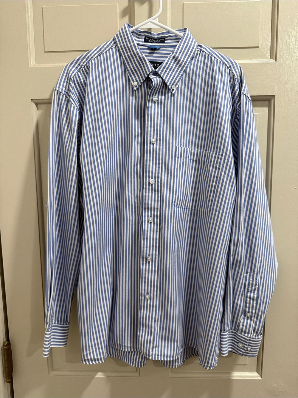 Vtg Izod 80's 2 Ply Cotton Blue/White Stripe Button-Down Dress Shirt Size Large